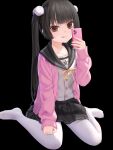  1girl :p bangs black_background black_hair black_sailor_collar black_skirt brown_eyes cardigan cellphone closed_mouth commentary_request eyebrows_visible_through_hair highres holding holding_phone long_hair looking_at_viewer md5_mismatch neck_ribbon no_shoes open_cardigan open_clothes original pantyhose phone pink_cardigan pleated_skirt ribbon sailor_collar school_uniform serafuku shirt simple_background skirt smile solo tongue tongue_out too-ye twintails uneven_eyes very_long_hair white_legwear white_shirt yellow_ribbon 