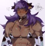  1boy abs alternate_costume animal_ears animal_print bangs bare_shoulders bell bikini blush bright_pupils brown_eyes character_name chariko closed_mouth collar collarbone commentary cow_boy cow_ears cow_horns cow_print dark-skinned_male dark_skin elbow_gloves english_commentary facial_hair flying_sweatdrops glint gloves highres horns leon_(pokemon) long_hair male_focus muscular muscular_male name_tag neck_bell pectoral_cleavage pectorals pokemon pokemon_(game) pokemon_swsh purple_hair sidepec solo steam sweat swimsuit upper_body 