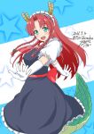  1girl :d blue_dress blue_eyes blush braid commentary_request cosplay dated dragon_girl dragon_horns dragon_tail dress eyebrows_visible_through_hair fang gloves highres hong_meiling horns kobayashi-san_chi_no_maidragon long_hair looking_at_viewer maid_headdress parody red_hair shino-puchihebi shirt shirt_under_dress short_sleeves side_braid signature slit_pupils smile solo tail tohru_(maidragon) tohru_(maidragon)_(cosplay) touhou twitter_username white_gloves white_shirt 