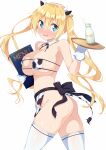 1girl :d animal_ears animal_print apron ass bangs bare_shoulders bikini bikini_top blend_s blonde_hair blue_eyes blush bottle breasts commentary_request cow_ears cow_horns cow_print cow_tail detached_collar ear_tag eyepatch_bikini fake_animal_ears fake_horns gloves hair_between_eyes hairband highres hinata_kaho horns ichi_makoto large_breasts long_hair menu milk milk_bottle no_panties nose_blush print_apron print_bikini simple_background smile solo sweat swimsuit tail thighhighs tray twintails very_long_hair waist_apron white_background white_gloves white_hairband white_legwear 