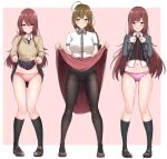  3girls absurdres ahoge alstroemeria_(idolmaster) bangs baretto_(karasi07) black_bow black_cardigan black_legwear blush border bow braid breasts brown_eyes brown_hair cardigan clothes_lift collared_shirt commentary_request eyebrows_visible_through_hair hair_between_eyes hair_bow highres idolmaster idolmaster_shiny_colors kuwayama_chiyuki large_breasts lifted_by_self long_hair long_sleeves looking_at_viewer multiple_girls navel necktie oosaki_amana oosaki_tenka open_mouth outside_border panties panties_under_pantyhose pantyhose pink_background pink_panties red_skirt school_uniform shirt shoes siblings sisters skirt skirt_lift sleeves_past_wrists standing thighhighs twins underwear white_border white_shirt 