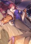  1girl animal_ears bangs blush breasts drunk fake_animal_ears fate/grand_order fate_(series) highleg highleg_leotard highres large_breasts leotard long_hair looking_at_viewer ohland pantyhose piercing_bunny purple_leotard rabbit_ears scathach_(fate) solo 