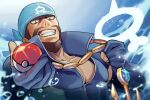  1boy anchor_necklace archie_(pokemon) beard blue_bandana blue_bodysuit bodysuit brown_hair chain_necklace commentary_request dark-skinned_male dark_skin dolustoy facial_hair glint grin holding holding_poke_ball logo male_focus muscular muscular_male mustache pectoral_cleavage pectorals poke_ball poke_ball_(basic) pokemon pokemon_(game) pokemon_oras popped_collar short_hair smile solo team_aqua teeth torn_bodysuit torn_clothes upper_body water water_drop wetsuit 