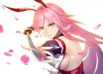  1girl animal_ears bangs bare_shoulders blue_eyes breasts closed_mouth fox_ears highres holding holding_sword holding_weapon honkai_(series) honkai_impact_3rd japanese_clothes katana kojo_(0124) looking_at_viewer miko outstretched_arm petals pink_hair purple_sleeves sideboob simple_background sleeveless sword v-shaped_eyebrows weapon white_background yae_sakura yae_sakura_(gyakushinn_miko) 