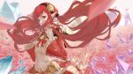  1girl crystal dew_(knpn5338) dress dungeon_and_fighter elementalist_(dungeon_and_fighter) flower gloves hairband highres mage_(dungeon_and_fighter) petite red_eyes red_hair rose smile twintails white_dress white_gloves 
