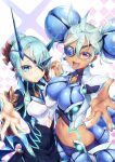  2girls blue_eyes breasts chest_jewel eyepatch highres holding_hands ice_horns large_breasts multiple_girls navel novady open_mouth praxis_(xenoblade) purple_eyes short_hair small_breasts smile tan theory_(xenoblade) xenoblade_chronicles_(series) xenoblade_chronicles_2 