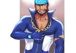  1boy anchor_necklace archie_(pokemon) beard black_eyes blue_bandana blue_bodysuit bodysuit brown_hair chain_necklace chips_n_cookies commentary dark-skinned_male dark_skin facial_hair grin logo looking_at_viewer male_focus multicolored_bodysuit multicolored_clothes muscular muscular_male mustache pectoral_cleavage pectorals pokemon pokemon_(game) pokemon_oras popped_collar short_hair signature smile solo team_aqua teeth torn_bodysuit torn_clothes upper_body wetsuit white_bodysuit 