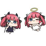  :3 akino_ell angel angel_wings bangs black_dress blue_eyes blunt_bangs blush butterfly_hair_ornament chibi demon demon_horns demon_wings dress flying go-toubun_no_hanayome hair_ornament halo highres horns nakano_nino one_eye_closed pink_hair polearm simple_background trident twintails v-shaped_eyebrows weapon white_background white_dress wings 
