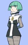  1girl arms_behind_back bangs blunt_bangs bodysuit closed_mouth eyelashes green_eyes green_hair grey_background logo pokemon pokemon_(game) pokemon_dppt short_hair sideways_glance simple_background sleeveless sleeveless_jacket solo split_mouth sugimori_ken team_galactic team_galactic_grunt team_galactic_uniform 