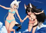  2girls :d ahoge animal_ear_fluff animal_ears artist_name bangs bare_arms bare_legs bare_shoulders barefoot bikini blue_bikini blue_sky blush bouncing_breasts braid breasts cleavage closed_eyes cloud collar collarbone commentary day eyebrows_visible_through_hair fox_ears fox_girl fox_tail green_eyes hair_ornament hairclip high_ponytail holding_hands hololive kuroonehalf large_breasts leaf_print leaning_forward leg_up long_hair looking_at_another looking_back medium_breasts multiple_girls navel ookami_mio outdoors outstretched_arms ponytail print_bikini running shirakami_fubuki side_braid sidelocks silver_hair skindentation sky smile stomach swimsuit tail thigh_strap twin_braids very_long_hair virtual_youtuber white_bikini wolf_ears 