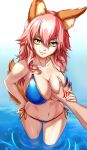  1boy 1girl absurdres animal_ear_fluff animal_ears bikini blue_bikini breasts collarbone command_spell day eyebrows_visible_through_hair fang fate/grand_order fate_(series) fox_ears fox_girl fox_tail groin hand_on_breast hand_on_hip highres large_breasts lips long_hair looking_at_viewer navel ocean outdoors partially_submerged pink_hair pov side-tie_bikini smile swimsuit tail tamamo_(fate) tamamo_no_mae_(swimsuit_lancer)_(fate) water yellow_eyes zantyarz 