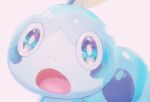  1boy :o blue_eyes bright_pupils commentary_request eye_reflection goh_(pokemon) highres male_focus ogege_(ogege_kyit) open_mouth pokemon pokemon_(anime) pokemon_(creature) pokemon_swsh_(anime) reflection sobble tongue white_background white_pupils 