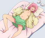  1girl bandaged_arm bandages barefoot breasts closed_eyes collarbone commentary_request drooling fang futon green_skirt highres horns ibaraki_kasen lying medium_breasts messy_sleeper navel no_bra on_back on_bed on_pillow oni_horns open_clothes open_mouth open_shirt pillow pink_hair skirt sleeping snoring solo suwaneko touhou 