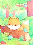  :3 ahoge animal animal_focus artist_name bird bisquii blue_bird branch bug bush chibi closed_mouth foliage forest fox friends grass leaf log looking_at_another mushroom nature no_humans original painting_(medium) smile traditional_media tree watercolor_(medium) 