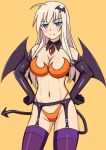  1girl bangs bat_hair_ornament bikini black_collar black_garter_belt black_gloves black_wings blonde_hair blue_eyes blush breasts brooch cleavage closed_mouth collar commentary cowboy_shot demon_tail demon_wings detached_collar elbow_gloves eyebrows_visible_through_hair gloves hachimitsu-b hair_ornament halloween halloween_costume hands_on_hips hanna-justina_marseille highleg highleg_bikini jewelry large_breasts long_hair looking_at_viewer navel orange_background orange_bikini purple_legwear simple_background smile solo standing strapless strapless_bikini strike_witches swimsuit tail thighhighs wing_collar wings world_witches_series 