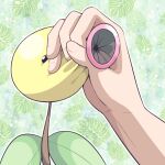  1other bellsprout black_eyes commentary_request grabbing green_background hands leaf leaf_background minashirazu outline pokemon pokemon_(creature) squeezing 