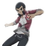  1boy black_eyes black_hair black_pants closed_mouth commentary_request frown glint holding holding_poke_ball jacket kashi_kosugi lens_flare male_focus norman_(pokemon) outstretched_arm pants partially_unzipped poke_ball poke_ball_(basic) pokemon pokemon_(game) pokemon_oras red_jacket shirt short_hair solo white_shirt zipper_pull_tab 