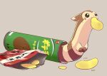  aquabluu bag_of_chips chips food furret highres mouth_hold no_humans pokemon pokemon_(creature) potato_chips simple_background tan_background tube_of_chips 