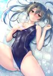  1girl bare_arms bare_legs bare_shoulders black_swimsuit blush closed_mouth clothing_aside collarbone competition_swimsuit eyebrows_visible_through_hair green_eyes green_hair hair_between_eyes hair_ribbon kantai_collection long_hair one-piece_swimsuit ribbon ryu-akt solo swimsuit swimsuit_aside twintails white_ribbon zuikaku_(kancolle) 