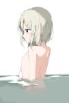  1girl bangs blue_eyes blush breasts closed_mouth commentary_request covering eyebrows_visible_through_hair from_side grey_hair hair_between_eyes highres looking_away nipples nude_cover onsen original partially_submerged profile short_hair simple_background small_breasts solo upper_body white_background zagashira 