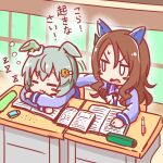  2girls :3 =_= animal_ears bangs blank_eyes blush_stickers brown_hair commentary_request desk ears_down eraser green_hair hair_ornament hairclip highres horse_ears horse_girl jitome king_halo_(umamusume) kyou_(fr39) locker long_hair long_sleeves mechanical_pencil multiple_girls notebook open_mouth pencil pencil_case purple_shirt school_desk school_uniform seiun_sky_(umamusume) shirt sleeping sweatdrop tracen_school_uniform translated umamusume v-shaped_eyebrows zzz 