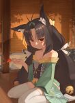  1girl animal_ear_fluff animal_ears antenna_hair autumn_leaves azur_lane bangs bare_shoulders bell black_hair bow breasts cat_ears check_commentary cleavage closed_mouth collarbone commentary_request green_bow hair_bell hair_bow hair_ornament head_tilt highres holding holding_leaf indoors japanese_clothes jingle_bell jitome kimono leaf long_hair looking_at_viewer maple_leaf obi obijime off_shoulder orange_eyes parted_bangs sash short_kimono sitting small_breasts smile solo thighhighs very_long_hair wariza white_legwear wooden_floor yellow_bow yohia yuubari_(azur_lane) 