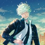  1boy absurdres black_jacket blue_period blue_sky character_name closed_eyes dated happy_birthday hawatarit highres jacket laughing looking_at_viewer necktie outdoors shirt sky solo upper_body white_hair white_shirt yaguchi_yatora 