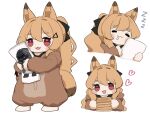  1girl :3 :d =_= animal_ears arknights baklava black_bow blush_stickers bow cameo ceobe_(arknights) chibi cropped_torso dakimakura_(object) doctor_(arknights) dog_ears dog_girl dog_tail drooling fang food hair_between_eyes hair_bow heart highres holding holding_food long_hair looking_at_viewer multiple_views object_hug official_alternate_costume onesie open_mouth pillow pillow_hug red_eyes simple_background smile someyaya tail thick_eyebrows very_long_hair white_background zzz 