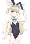  1girl ? absurdres animal_ear_fluff animal_ears arknights bangs bare_shoulders black_leotard blonde_hair blue_bow blue_bowtie blue_hairband bow bowtie collar collarbone commentary covered_navel cowboy_shot crotch detached_collar extra_ears eyebrows_visible_through_hair fake_animal_ears flat_chest fox_ears fox_girl fox_tail green_eyes groin hair_rings hairband hawawa highleg highleg_leotard highres kitsune leotard looking_at_viewer medium_hair multicolored_hair multiple_tails oripathy_lesion_(arknights) playboy_bunny rabbit_ears simple_background solo standing strapless strapless_leotard streaked_hair suzuran_(arknights) sweat tail white_background white_collar white_hair wrist_cuffs 