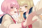  2girls blonde_hair blue_sailor_collar bracelet commentary_request eyebrows_visible_through_hair food hachinatsu highres jewelry long_hair long_sleeves looking_at_viewer motion_blur multiple_girls one_eye_closed open_mouth original pink_eyes pink_hair pocky pocky_kiss red_neckwear sailor_collar school_uniform selfie simple_background smile upper_body white_background yellow_eyes yuri 