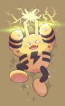  blush brown_background brown_eyes claws commentary_request electricity elekid fang full_body highres looking_down no_humans open_mouth pokemon pokemon_(creature) simple_background skin_fang solo sparkle tongue yunosuke 
