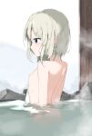  1girl bangs blue_eyes blush breasts closed_mouth commentary_request covering eyebrows_visible_through_hair from_side grey_hair hair_between_eyes highres looking_away nipples nude_cover onsen original partially_submerged profile short_hair small_breasts solo steam upper_body zagashira 