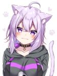  1girl :3 absurdres ahoge animal_ear_fluff animal_ears bangs black_hoodie blush breasts cat_ears cat_girl cat_pendant cat_tail closed_mouth collar eyebrows_visible_through_hair hair_between_eyes head_tilt heart heart-shaped_pupils highres hololive hood hoodie looking_at_viewer medium_hair nekomata_okayu paw_print purple_eyes purple_hair shinonome_asu smile solo straight-on symbol-shaped_pupils tail upper_body virtual_youtuber white_background 