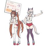  2girls :p animal_ears bangs black_legwear blush buruma closed_mouth collarbone curren_chan_(umamusume) daiwa_scarlet_(umamusume) grey_hair gym_shirt gym_uniform hair_intakes hairband highres holding holding_paper holding_sign horse_ears horse_girl horse_tail leaning_forward long_hair looking_at_viewer looking_to_the_side mikeco multiple_girls open_mouth orange_hair paper shirt shoes short_hair short_sleeves sign simple_background smile sneakers standing tail thighhighs tiara tongue tongue_out translation_request twintails umamusume w white_background white_legwear white_shirt 