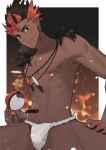  1boy abs bar_censor black_eyes blush border breath brown_hair censored closed_mouth clothing_aside collarbone commentary_request dark-skinned_male dark_skin erection frown fundoshi fundoshi_aside japanese_clothes jewelry kiawe_(pokemon) looking_at_viewer looking_down male_focus male_underwear male_underwear_aside multicolored_hair necklace nipples orange_hair outside_border pectorals penis poke_ball poke_ball_(basic) pokemon pokemon_(game) pokemon_sm short_hair solo toned toned_male two-tone_hair underwear white_border yaowu 