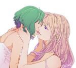  2girls artist_name blonde_hair camisole closed_eyes commentary_request eyebrows_visible_through_hair green_hair half-closed_eyes hands_on_another&#039;s_head hands_on_another&#039;s_shoulders imminent_kiss long_hair macross macross_frontier multiple_girls nail_polish ooomi open_mouth purple_eyes purple_nails ranka_lee sheryl_nome short_hair white_camisole yuri 