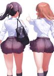  2girls ass bag bangs black_hair black_legwear black_skirt blush breasts brown_hair duplicate kaisen_chuui kneehighs kneepits large_breasts long_hair multiple_girls original panties pink_scrunchie pixel-perfect_duplicate pleated_skirt pointing ponytail school_bag school_uniform scrunchie shirt side-tie_panties side-tie_peek simple_background skirt skirt_rolled_up sleeves_rolled_up standing underwear white_background white_shirt 