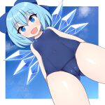  1girl bangs blue_bow blue_eyes blue_hair blue_swimsuit blush bow breasts cameltoe cirno commentary_request eyebrows_visible_through_hair from_below hair_bow ice ice_wings looking_at_viewer old_school_swimsuit open_mouth rizento school_swimsuit short_hair small_breasts smile solo swimsuit touhou wings 