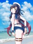  1girl adapted_costume ass back bare_arms bare_shoulders beach black_hair blue_neckerchief blue_sailor_collar blue_sky cloud commentary_request day from_behind gradient_hair green_eyes hat kantai_collection leaning_forward long_hair looking_at_viewer looking_back matsuwa_(kancolle) multicolored_hair neckerchief ocean one-piece_swimsuit open_mouth outdoors sailor_collar sailor_hat sameha_ikuya school_uniform serafuku sky solo swimsuit thigh_strap water white_headwear wristband 