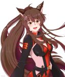  1girl :3 ahoge animal_ear_fluff animal_ears bangs belt blush bodysuit brown_hair butterfly_hair_ornament eyebrows_visible_through_hair fox_ears fumi_(nijisanji) hair_between_eyes hair_ornament highres long_hair long_sleeves looking_at_viewer mugimugigo nijisanji official_alternate_costume pilot_suit ponytail simple_background smile solo transparent_background twitter_username very_long_hair virtual_youtuber yellow_eyes 