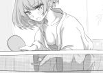  1girl :o alternate_costume ball bath_yukata blush breasts cleavage collarbone covered_nipples downblouse ebifryman folded_ponytail grey_hair greyscale holding holding_paddle idolmaster idolmaster_cinderella_girls indoors japanese_clothes kimono leaning_forward looking_at_viewer mole mole_under_eye monochrome naked_kimono paddle solo table_tennis table_tennis_ball table_tennis_net table_tennis_paddle takagaki_kaede upper_body wide_sleeves yukata 