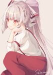  1girl alternate_hairstyle artist_name bad_id bad_pixiv_id bangs blush bow brown_background closed_mouth eyebrows_visible_through_hair fujiwara_no_mokou hair_bow hand_on_own_face hand_up long_hair long_sleeves looking_to_the_side multicolored_bow orange_nails pants ponytail puffy_sleeves red_bow red_eyes red_pants shiromoru_(yozakura_rety) shirt silver_hair simple_background sitting solo touhou white_bow white_shirt white_sleeves 