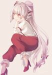  1girl alternate_hairstyle artist_name bad_id bad_pixiv_id bangs blurry blush bow brown_background closed_mouth eyebrows_visible_through_hair fujiwara_no_mokou hair_bow hand_on_own_face hand_up high_heels long_hair long_sleeves looking_to_the_side multicolored_bow orange_nails pants ponytail puffy_sleeves red_bow red_eyes red_footwear red_pants shiromoru_(yozakura_rety) shirt shoes silver_hair simple_background sitting solo touhou white_bow white_shirt white_sleeves 