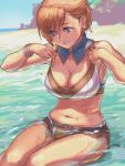  1girl adjusting_clothes adjusting_swimsuit avatar_(ff11) bare_shoulders beach bikini blonde_hair blue_eyes blue_sky blurry blurry_background bracelet breasts cleavage closed_mouth day earrings eyebrows_visible_through_hair final_fantasy final_fantasy_xi hume jewelry medium_breasts navel outdoors partially_submerged seashell shell shell_earrings short_hair sitting sky smile solo split_mouth swimsuit water wet wet_hair yuccoshi 