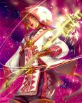  1girl :d avatar_(ff11) blonde_hair blue_eyes cat_tail commentary_request dark-skinned_female dark_skin final_fantasy final_fantasy_xi hat holding holding_weapon long_sleeves mace mithra_(ff11) mittens no_eyebrows outline pink_outline short_hair smile solo tail teeth weapon white_mage yuccoshi 