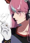  1girl black_shirt blue_hair blue_shirt blush character_name cigarette collarbone crazy_raccoon fake_horns gloves highres holding holding_cigarette horns multicolored_hair nonko_(osaka_na_man) open_mouth pink_eyes pink_hair selly55 shirt solo streaked_hair two-tone_shirt white_background white_gloves 