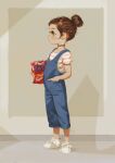 1girl alkemanubis bag_of_chips brown_eyes brown_hair child choker denim food grey_background hair_bun hand_in_pocket highres holding holding_food looking_away original overalls shadow shirt shoes short_hair sneakers solo standing striped striped_shirt 