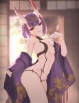  1girl backlighting bangs bare_shoulders bob_cut breasts clothes_pull collarbone eyeliner fate/grand_order fate_(series) flower hair_flower hair_ornament headpiece horns japanese_clothes kimono leaf_print long_sleeves looking_at_viewer makeup navel off_shoulder oni oni_horns open_clothes open_kimono parted_lips purple_eyes purple_hair purple_kimono revealing_clothes short_hair shouji shuten_douji_(fate) skin-covered_horns sliding_doors small_breasts smile sunrise tenshin_kagehisa thighs wide_sleeves 