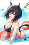  1girl :d animal_ears ass ball bangs bare_arms bare_shoulders beachball bikini black_bikini black_hair blue_eyes blush breasts choker cleavage cloud collarbone commentary_request day eishin_flash_(umamusume) eyebrows_visible_through_hair highres horizon horse_ears horse_girl horse_tail large_breasts leaning_forward lens_flare looking_at_viewer no_tail open_mouth osterei outdoors partially_submerged red_choker revision short_hair smile solo string_bikini sunlight swept_bangs swimsuit tail thong_bikini umamusume water 
