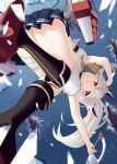  1girl absurdres arms_up ass ayanami_(azur_lane) azur_lane bandaged_leg bandages bangs bent_over commentary_request eyebrows_visible_through_hair falling from_below hair_between_eyes headgear highres knees_together_feet_apart long_hair looking_at_viewer looking_down machinery midriff orange_eyes parted_lips pleated_skirt ponytail school_uniform serafuku sidelocks silver_hair skirt sleeveless solo sword tohko torpedo_tubes weapon 